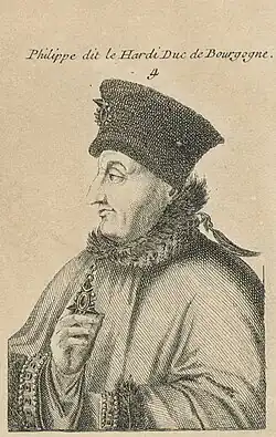 Dessin gravé d'un personnage tourné vers la gauche et surmonté d'une inscription.
