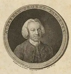 Image en noir et blanc, placée dans un cercle, d'un homme portant une perruque. Autour du cercle, le nom du personnage.