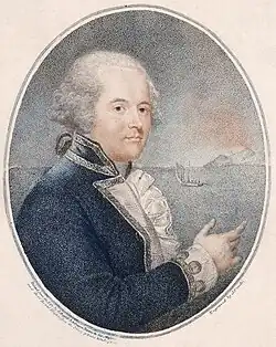 Homme avec une perruque blanche, en arrière-plan, l'océan, un bateau et une île