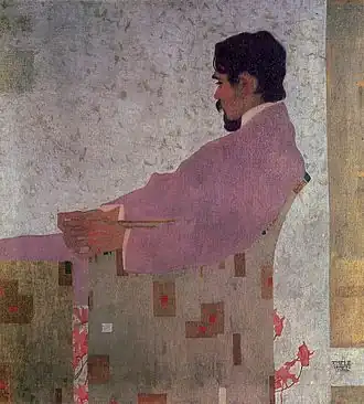 Portrait peint de profil d'un homme brun barbu dans un fauteuil à motifs plus ou moins géométriques