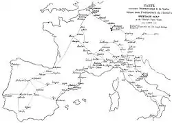 Carte simplifiée des routes postales en France et alentour en 1563.