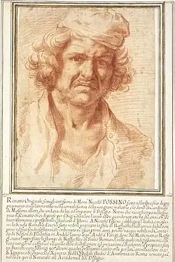 homme grimaçant avec un bonnet et un col ouvert dessiné à la sanguine, avec un texte en sous-titre