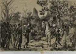 Après la conquête de Sennar, les Funj deviennent des rois vassaux de l'Égypte qui règnent sur les montagnes de la Gezira centrale. Sur cette représentation datant du milieu du XIXe&nbsp;siècle, un roi du Funj (à cheval) rencontre un chef local.