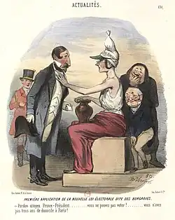 Première application de la nouvelle loi électorale dite des Burgraves.Sous les rires de Thiers et de Louis Veuillot, le président Bonaparte se voit lui-même mis dans l'impossibilité de voter puisqu'il n'a pas résidé continuellement à Paris depuis trois ans.Caricature de Charles Vernier, Le Charivari, 23 mai 1850.