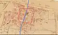 Le bourg de Mozac sur le plan cadastre de 1809. En rouge : délimitations de la première formation du bourg avant l'an mil. En bleu : passage de l'ancienne voie romaine.