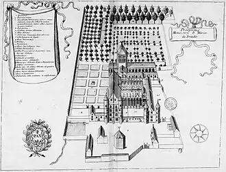 Planche gravée du XVIIe siècle représentant l'abbaye de Breteuil, dans Monasticon Gallicanum.