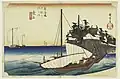 Estampe de Hiroshige représentant Kuwana-juku, avec le château de Kuwana.