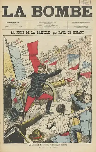 Le général Boulanger part à l'assaut d'un bâtiment qu'il montre du doigt, la tête tournée vers les assaillants qui le suivent. Un canon fait feu. Un drapeau français flotte au vent et la foule, haranguée par le général impétueux fait mine de le suivre pour l'assaut.