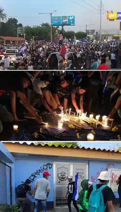 Trois images superposées. En haut, rassemblement de manifestants dans une rue, certains tenant des drapeaux du Nicaragua, d'autres grimpant sur des voitures. Au milieu, des manifestants allumant des bougies en pleine nuit pour commémorer les citoyens tués par la police. En bas, des militants taguant un bâtiment public.