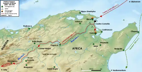 Carte en relief de l’Afrique du Nord montrant les déplacements de l’armée de Scipion