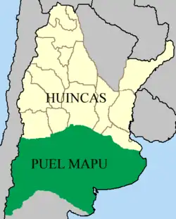 Carte du Puelmapu (es) au XIXe siècle, sur le territoire de l'actuelle Argentine. En jaune sont dessinées les frontières des 14 provinces originelles du pays, mais sans correspondance exacte avec les limites actuelles.
