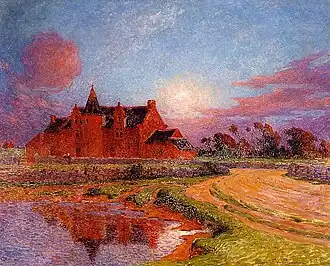 Tableau d'un château orangé se reflétant dans un plan d’eau, sur fond de ciel bleu.