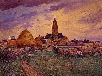 Tableau représentant une église, avec un meule de paille en premier plan.