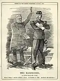 Dessin de presse montrant un fantôme qui tend un document écrit à un homme moustachu en tenue militaire.