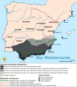 Carte montrant le territoire punique à l'époque d'Hasdrubal le Beau et la localisation du traité de l'Iber
