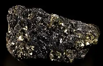 Pyrite et sphalérite - mines de Huaron, Pérou (18&nbsp;×&nbsp;11&nbsp;cm)