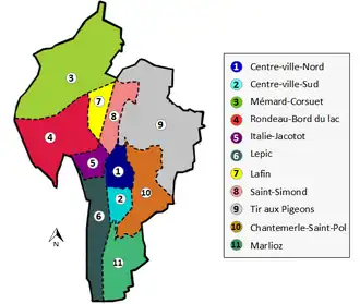 carte en couleurs représentant les quartiers d'Aix-les-Bains