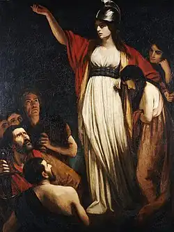 Painting of woman, with outstretched arm, in white dress with red cloak and helmet, with other human figures to her right and below her to the left.