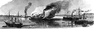 Gravue en noir et blanc montrant un combat naval