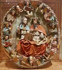 Quimper, cathédrale Saint-Corentin : Sainte-Trinité aux anges musiciens (bois peint, XVe&nbsp;siècle, provenant probablement de Rhénanie).