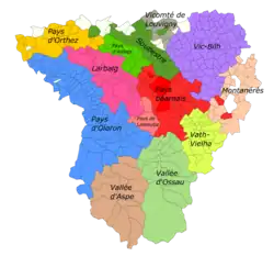Détail d'une carte indiquant les différentes régions historiques du Béarn.