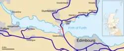 Localisation du Forth Bridge au sein de l’Écosse et du réseau ferroviaire actuel.