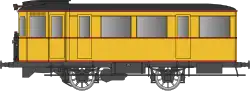 Autorail parallélépipédique avec une caisse jaune et des liserés rouges.