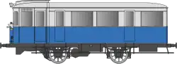 Autorail parallélépipédique avec un bas de caisse bleu  et un haut de caisse gris.