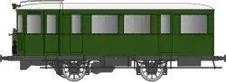 Autorail parallélépipédique avec une caisse vert foncé.