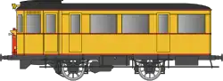 Autorail parallélépipédique avec une caisse jaune et des liserés rouges.