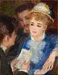Une jeune femme, accoudée au dossier de son siège, écoute un jeune homme lui lisant une lettre, tandis qu'un second jeune homme, derrière elle, observe la scène.