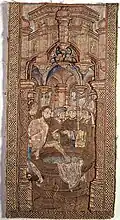 Broderie représentant la légende dans laquelle Radbod est prêt à être baptisé par Wulfram (ici remplacé par Willibrord), mais au dernier moment, refuse (Musée du couvent Sainte-Catherine, Utrecht).