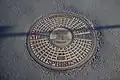 On voit une plaque d'égouts où les mots « Radiator Springs » et « Storm Drain » et la date « 1909 » sont inscrits.