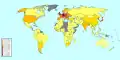Densité des voies de chemin de fer dans le monde. La densité dans l'Union européenne est très importante.