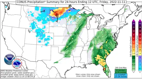 Accumulation de 24 heures de pluie sur le sud-est des États-Unis avec Nicole du 10 au 11 novembre.
