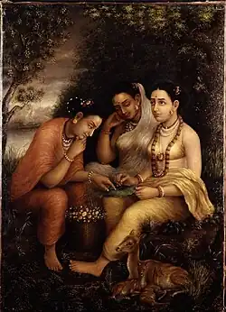 Shâkuntalâ écrivant une lettre d'amour sur une feuille de lotus