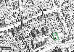 Une vue d'ensemble de la ville, montrant une partie des murailles, les églises, les collèges, d'autres bâtiments et jardins