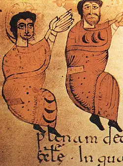 Miniature représentant Ramire Ier, barbu, et Sancho Ramírez, imberbe, fondateurs de la maison d'Aragon (miniature de la première moitié du XIIe&nbsp;siècle).