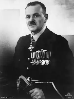 Portrait en pied d'un homme moustachu en uniforme militaire de haut rang. Il porte un groupe de dix médailles militaires sur la poitrine, une autre autour du cou et tient une épée.