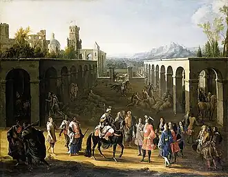 Peinture classique représentant une foule se divertissant dans une allée bordée d'arcades. Un homme à cheval faisant face à un homme à pied est au centre de la toile. Le point de vue est plongeant et la perspective est renforcée selon l'axe de l'allée.