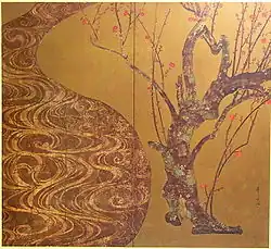 'Prunier rouge et prunier blanc, en fleurs (côté droit du paravent)