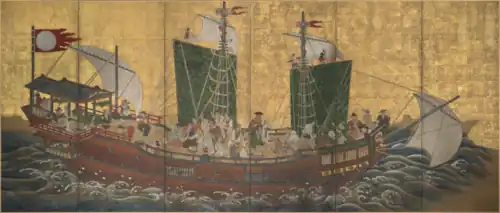 Shuinsen opéré par des marins japonais et portugais, Byōbu du XVIIe siècle.