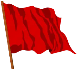 dessin stylisé d'une bannière rouge et moirée flottant au bout d'une hampe en bois.