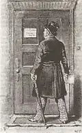 Jabez Wilson arrivant au local de la Ligue des rouquins, trouvant la porte fermée et une note expliquant que l'association est dissoute.