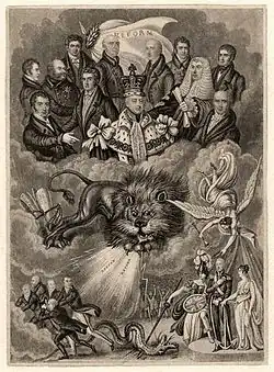 Gravure montrant de nombreux personnages et un lion fulminant.