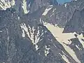 Le refuge depuis Lancebranlette au sud avec le Skyway Monte Bianco au sommet de la pointe Helbronner à gauche.