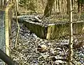 Photographie récente en couleurs d'un large rectangle de béton arasé, au milieu de la forêt et de la végétation.