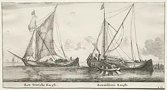 Bélandres à un mât, proches d'un heu ou d'un sloop, à Amsterdam au XVIIIe siècle.