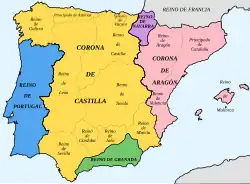 Le royaume de Navarre et ses voisins en 1480 (règne de François Phébus). La Castille et l'Aragon vont bientôt s'unir et conquérir Grenade. La Navarre va se retrouver prise en étau entre la France et l'Espagne.