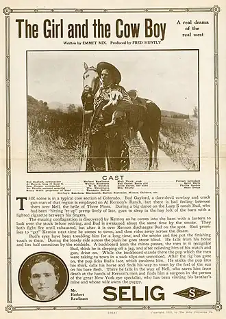Description de l'image Release flier for THE GIRL AND THE COW BOY, 1912.jpg.